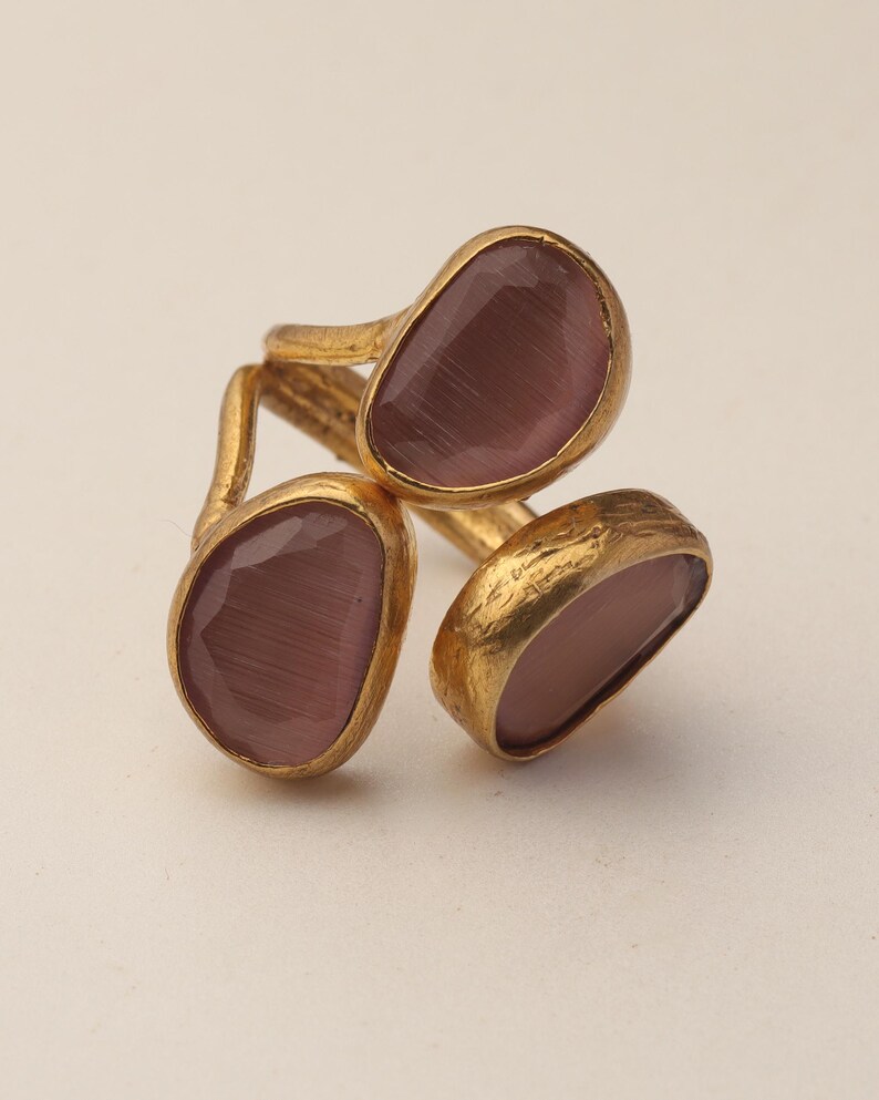22K Gold-Plated Three Stone Ring, Cocktail Ring, Statement Ring, Heather Pink and Mulberry Ring, Chunky Ring, Gothic Ring image 7