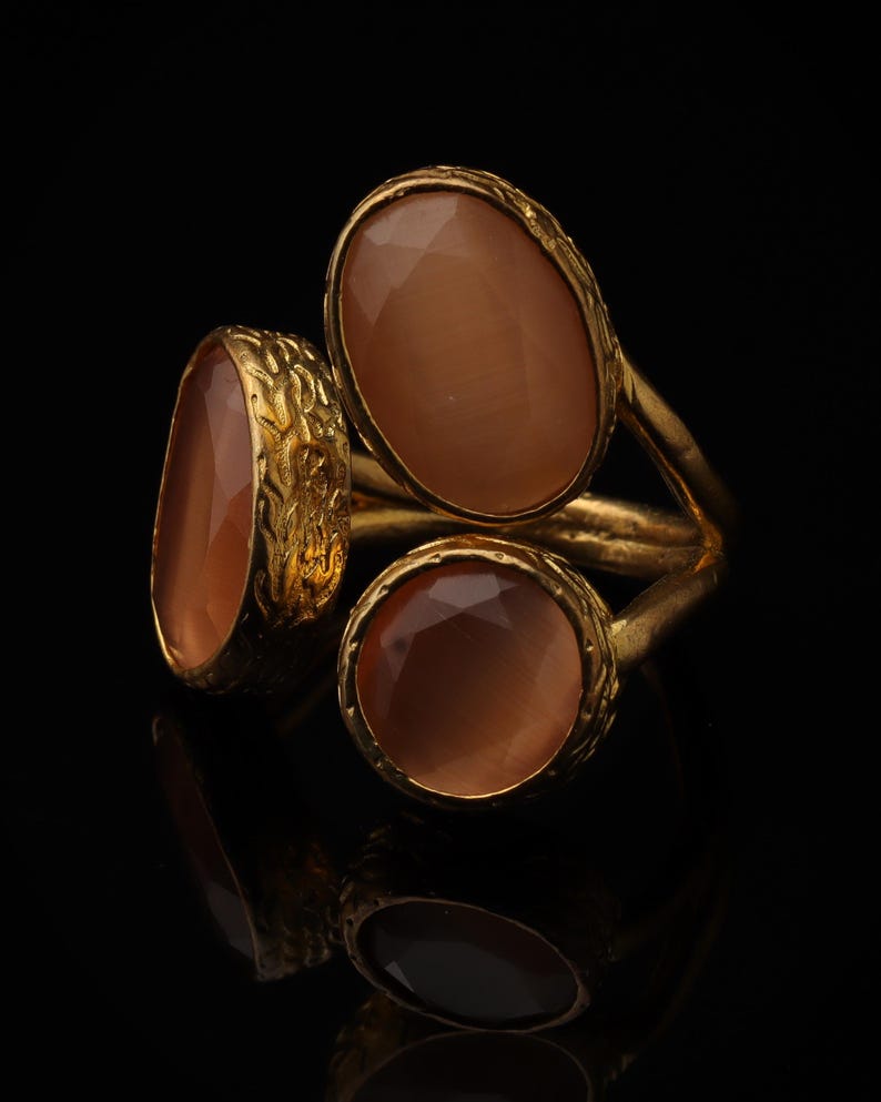 22K Gold-Plated Three Stone Ring, Turkish Ring, Terracotta and Blush Pink Ring, Chunky Ring, Ornate Ring, Maximalist Jewelry image 5