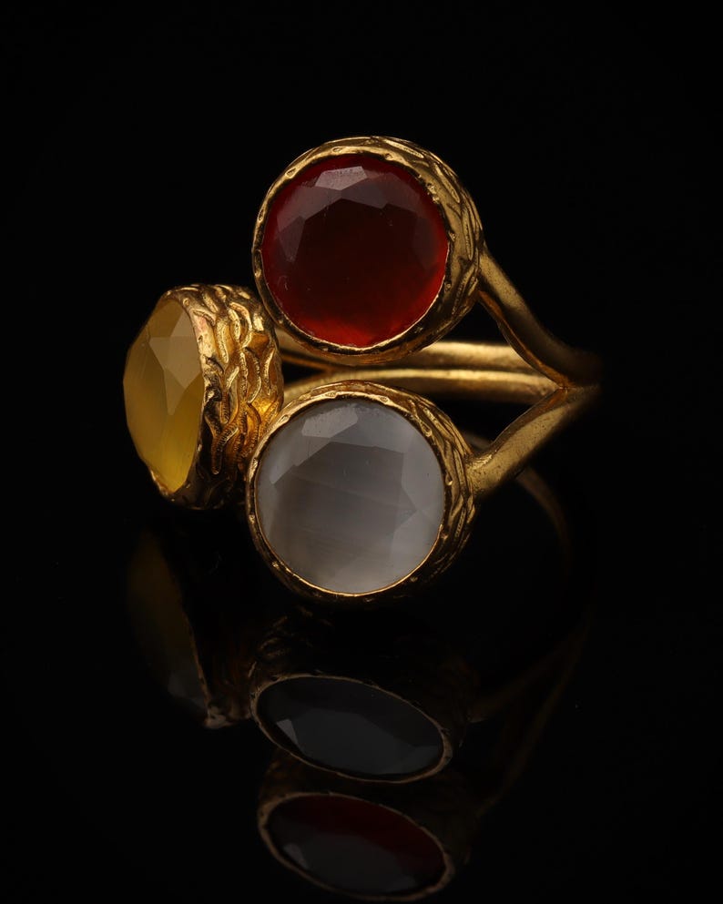 Brown and Yellow Cat Eye Ring, 22K Gold-Plated Adjustable Look image 5