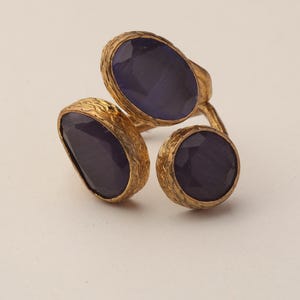 Purple Three Stone Ring, 22K Gold-Plated Adjustable Setting image 6