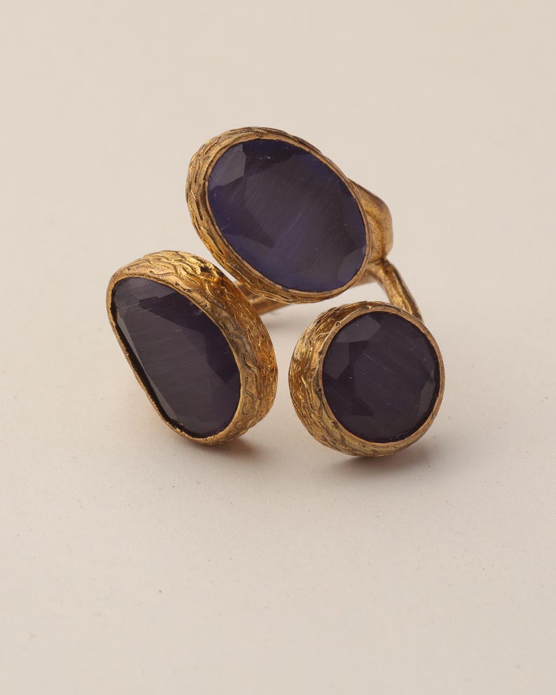 Purple Three Stone Ring, 22K Gold-Plated Adjustable Setting image 6