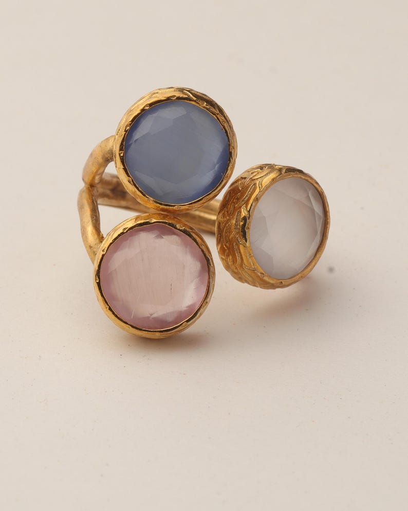 Pink and Grey Art Deco Ring, 22K Gold-Plated Adjustable Piece 画像 7