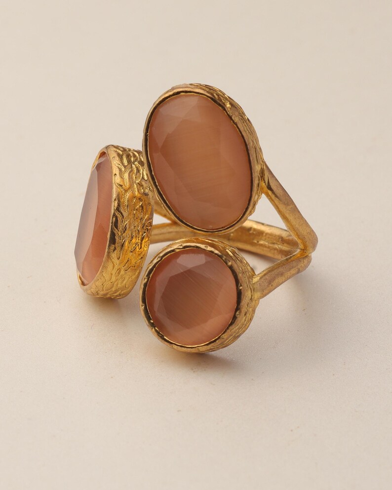 22K Gold-Plated Three Stone Ring, Turkish Ring, Terracotta and Blush Pink Ring, Chunky Ring, Ornate Ring, Maximalist Jewelry image 9