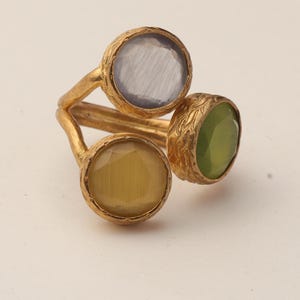 Statement Ring, Butterscotch and Olive Ring, Bold Ring, Cocktail Ring, 22K Gold-Plated Three Stone Ring, Chunky Ring image 9