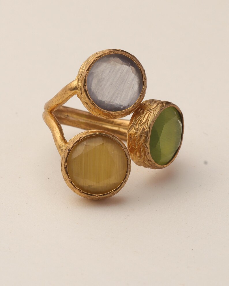 Statement Ring, Butterscotch and Olive Ring, Bold Ring, Cocktail Ring, 22K Gold-Plated Three Stone Ring, Chunky Ring image 9