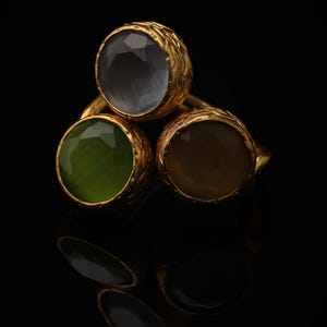 Grey and Green Cluster Ring, 22K Gold-Plated Adjustable Design image 4