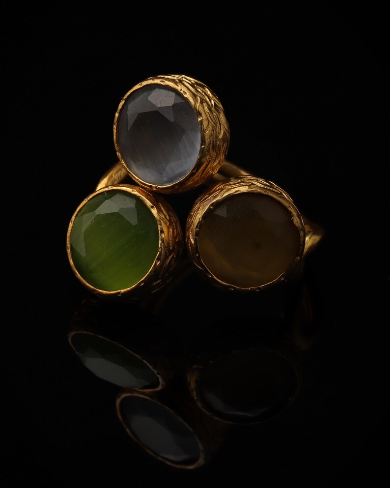 Grey and Green Cluster Ring, 22K Gold-Plated Adjustable Design image 4