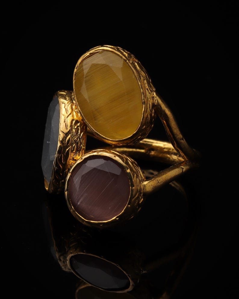 Marigold and Cream Ring, Whimsical Ring, Artisan Ring, Vintage Style Ring, 22K Gold-Plated Adjustable Ring, Multi Stone Ring image 5