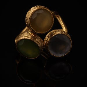 Statement Ring, Butterscotch and Olive Ring, Bold Ring, Cocktail Ring, 22K Gold-Plated Three Stone Ring, Chunky Ring image 3