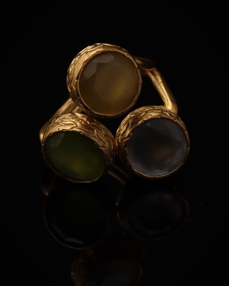 Statement Ring, Butterscotch and Olive Ring, Bold Ring, Cocktail Ring, 22K Gold-Plated Three Stone Ring, Chunky Ring image 3