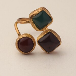 Red and Teal Adjustable Ring, 22K Gold-Plated Statement Piece image 7