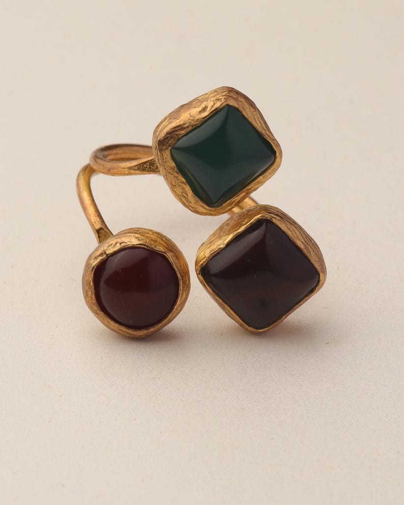 Red and Teal Adjustable Ring, 22K Gold-Plated Statement Piece image 7