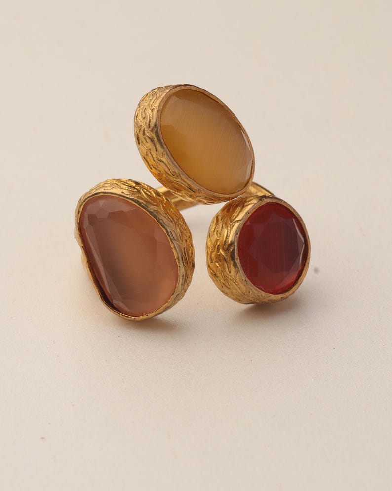 Red and Brown Cocktail Ring, 22K Gold-Plated Boho Band image 7