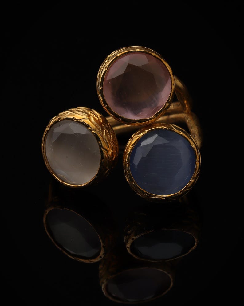Pink and Grey Art Deco Ring, 22K Gold-Plated Adjustable Piece 画像 4