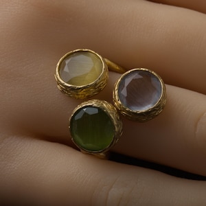 22K Gold-Plated Three Stone Ring, Cottagecore Ring, Whimsical Ring, Unique Ring, Ochre and Umber Ring, Colorful Ring image 10