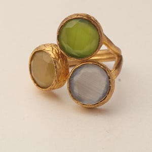 Grey and Green Cluster Ring, 22K Gold-Plated Adjustable Design image 8