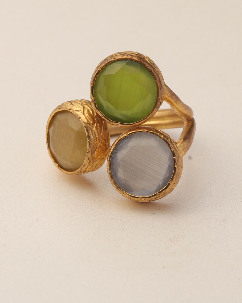 Grey and Green Cluster Ring, 22K Gold-Plated Adjustable Design image 8