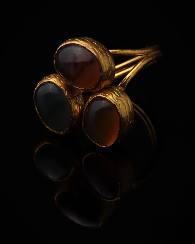 22K Gold-Plated Adjustable Ring, Boho Ring, Art Deco Ring, Storm Grey and Sable Ring, Statement Ring, Unique Ring image 5