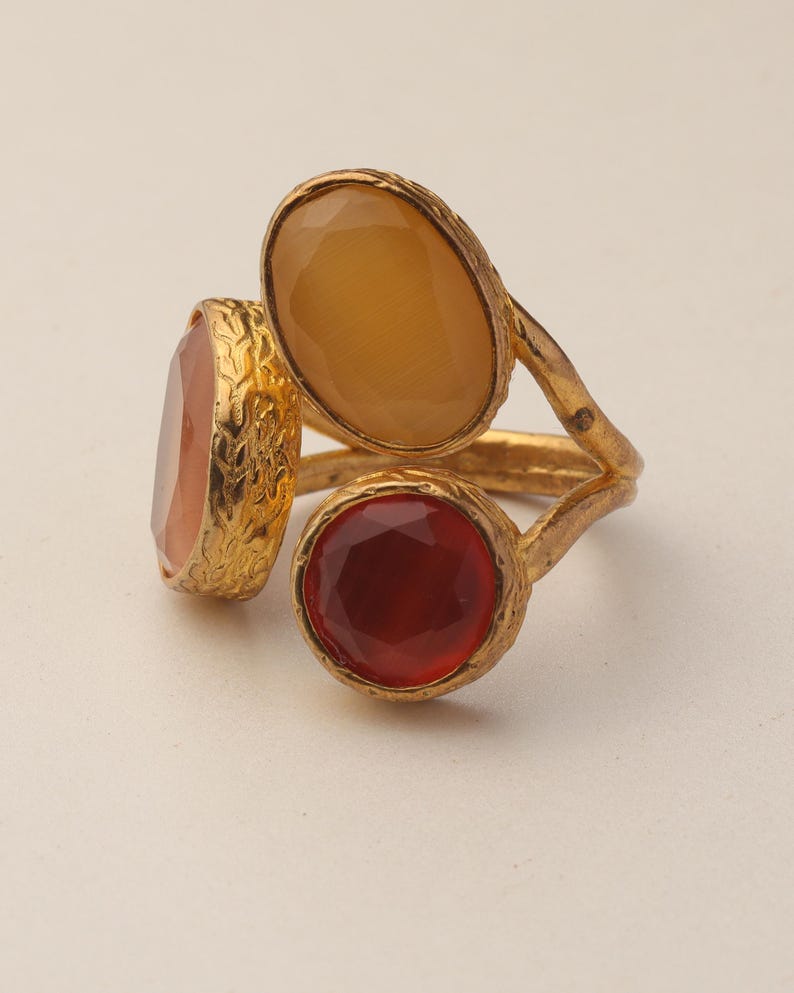 Red and Brown Cocktail Ring, 22K Gold-Plated Boho Band image 9