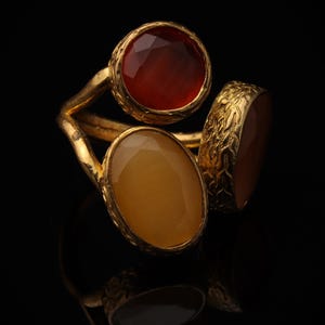 Red and Brown Cocktail Ring, 22K Gold-Plated Boho Band image 2