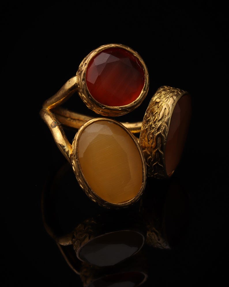 Red and Brown Cocktail Ring, 22K Gold-Plated Boho Band image 2