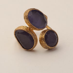Purple Three Stone Ring, 22K Gold-Plated Adjustable Setting image 7