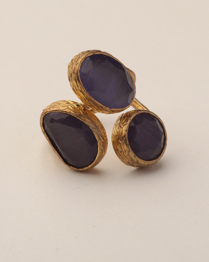 Purple Three Stone Ring, 22K Gold-Plated Adjustable Setting image 7