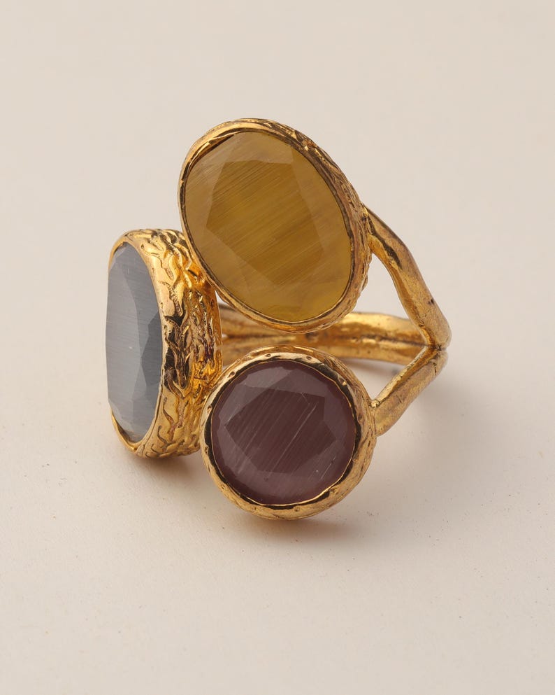 Marigold and Cream Ring, Whimsical Ring, Artisan Ring, Vintage Style Ring, 22K Gold-Plated Adjustable Ring, Multi Stone Ring image 9