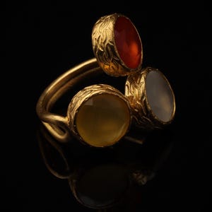 Brown and Yellow Cat Eye Ring, 22K Gold-Plated Adjustable Look image 2