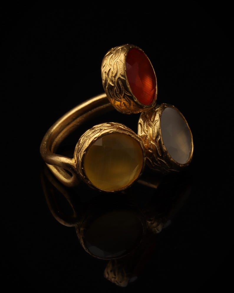 Brown and Yellow Cat Eye Ring, 22K Gold-Plated Adjustable Look image 2