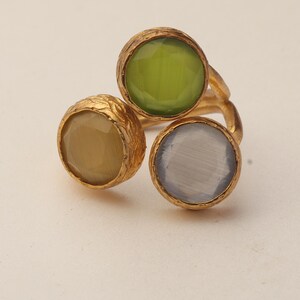 Grey and Green Cluster Ring, 22K Gold-Plated Adjustable Design image 6