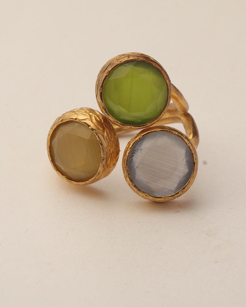 Grey and Green Cluster Ring, 22K Gold-Plated Adjustable Design image 6