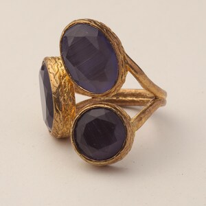 Purple Three Stone Ring, 22K Gold-Plated Adjustable Setting image 9