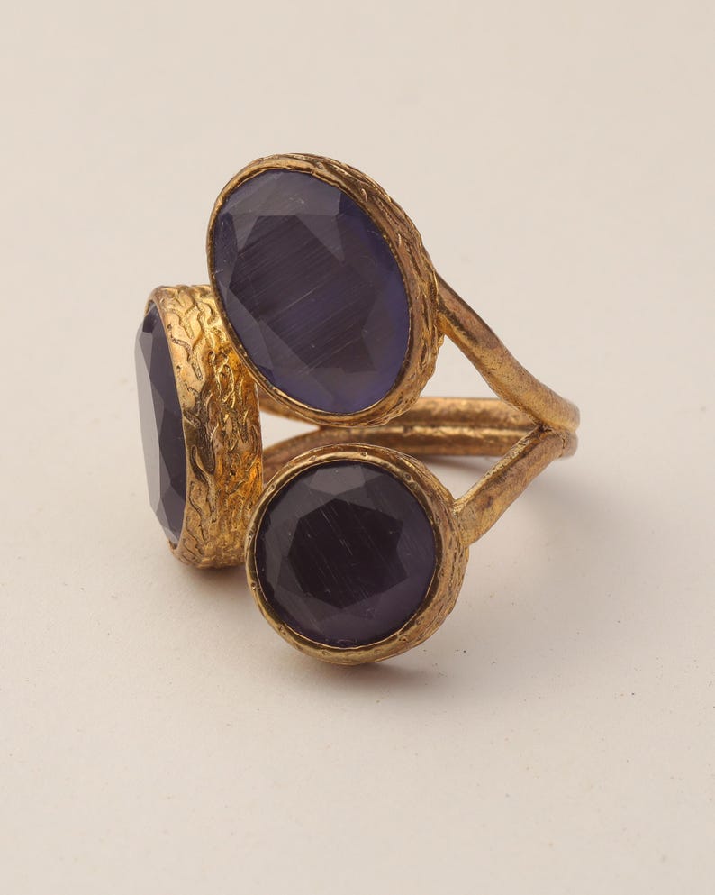 Purple Three Stone Ring, 22K Gold-Plated Adjustable Setting image 9