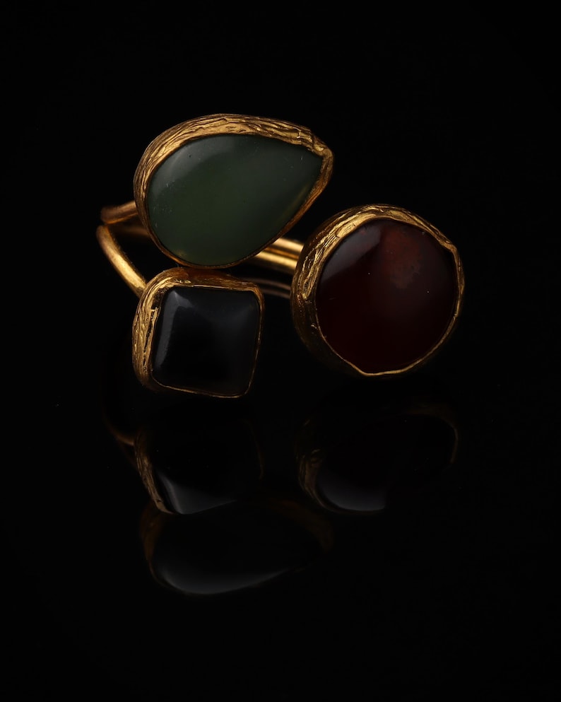 Sage Green and Burgundy Gothic Ring, 22K Gold-Plated Adjustable Style image 1