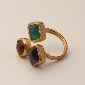 Red and Teal Adjustable Ring, 22K Gold-Plated Statement Piece image 9
