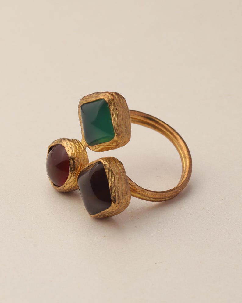 Red and Teal Adjustable Ring, 22K Gold-Plated Statement Piece image 9