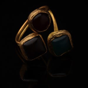 Red and Teal Adjustable Ring, 22K Gold-Plated Statement Piece image 2