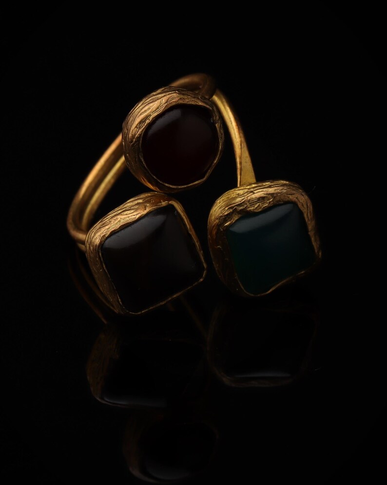 Red and Teal Adjustable Ring, 22K Gold-Plated Statement Piece image 2