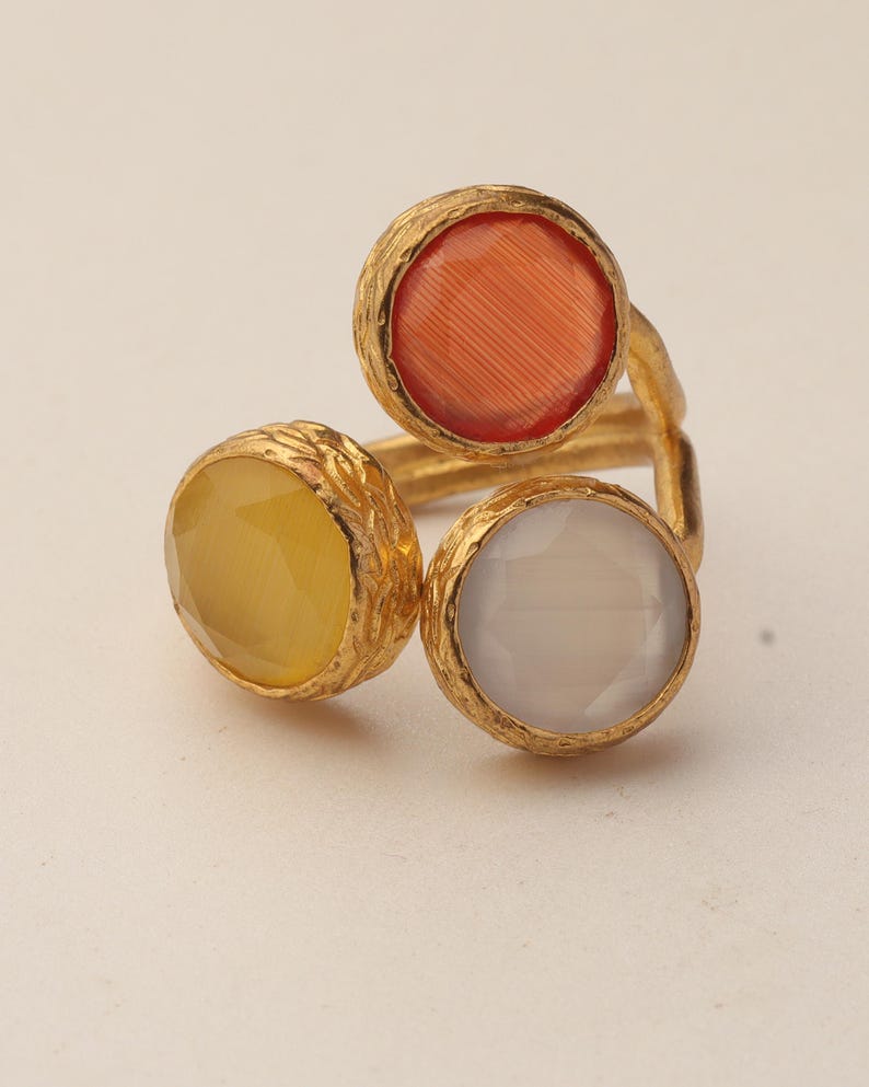 Brown and Yellow Cat Eye Ring, 22K Gold-Plated Adjustable Look image 8