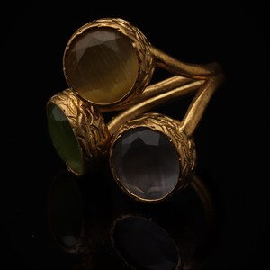 Statement Ring, Butterscotch and Olive Ring, Bold Ring, Cocktail Ring, 22K Gold-Plated Three Stone Ring, Chunky Ring image 5