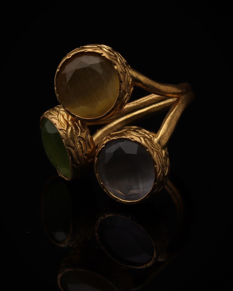 Statement Ring, Butterscotch and Olive Ring, Bold Ring, Cocktail Ring, 22K Gold-Plated Three Stone Ring, Chunky Ring image 5