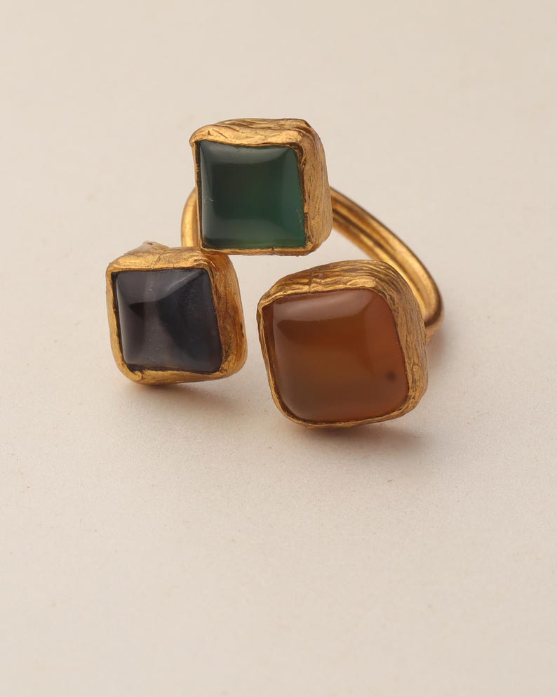 Orange and Green Boho Ring, 22K Gold-Plated Art Nouveau Band image 8