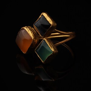 Orange and Green Boho Ring, 22K Gold-Plated Art Nouveau Band image 5