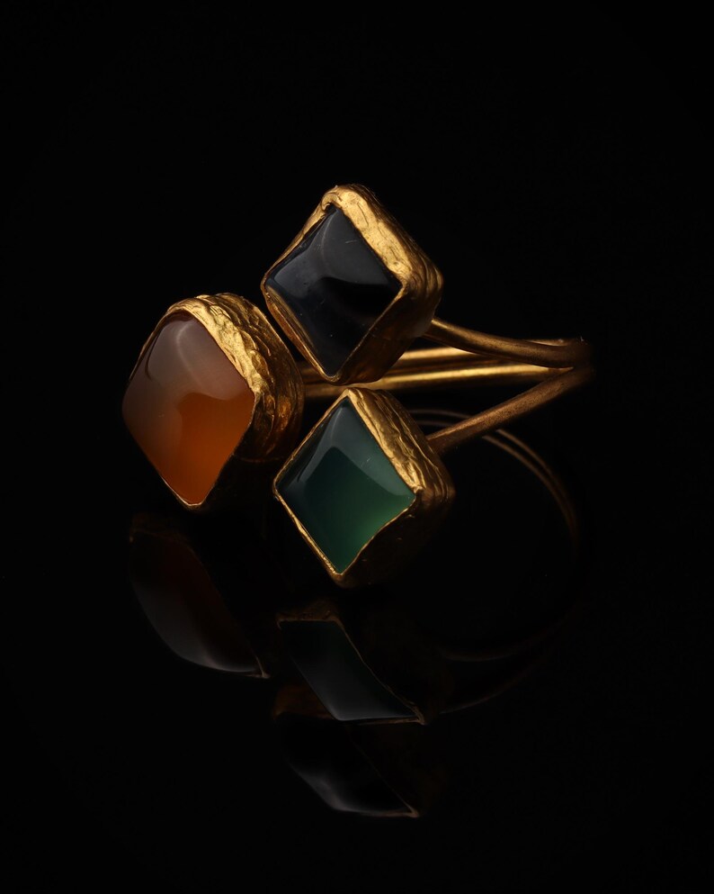 Orange and Green Boho Ring, 22K Gold-Plated Art Nouveau Band image 5