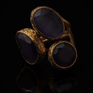 Purple Three Stone Ring, 22K Gold-Plated Adjustable Setting image 4