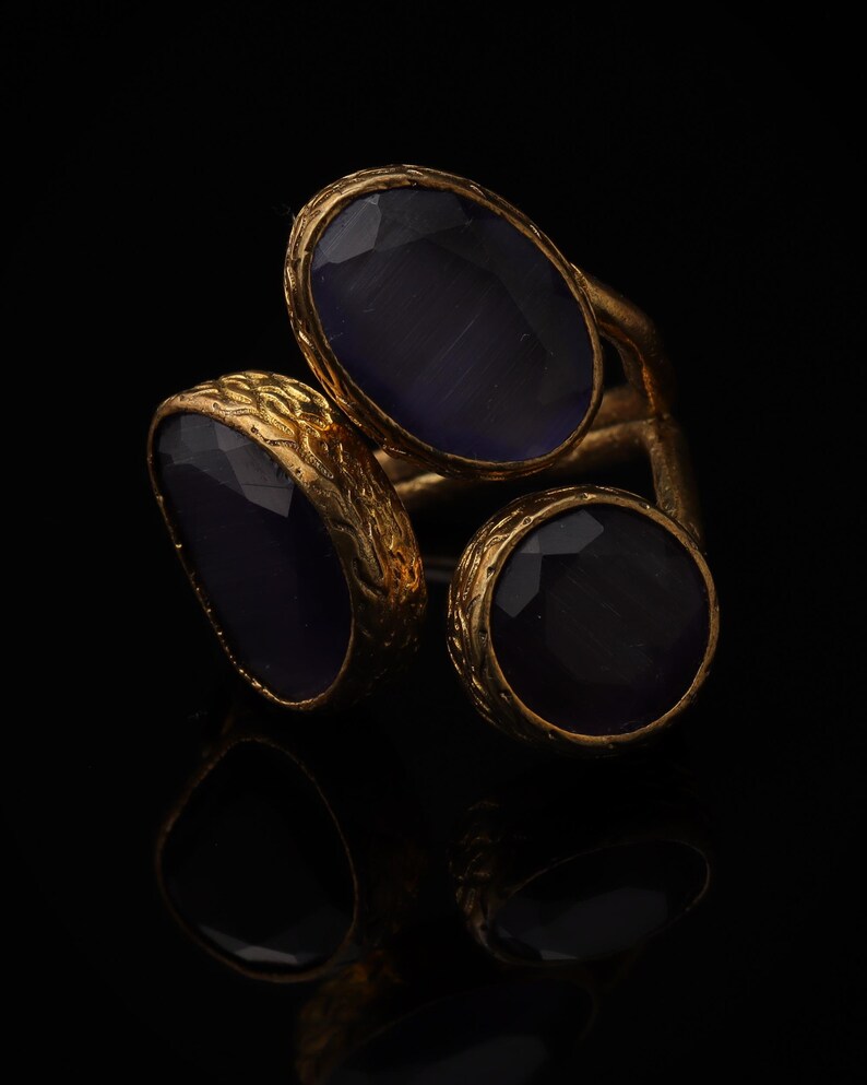 Purple Three Stone Ring, 22K Gold-Plated Adjustable Setting image 4