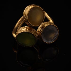 Statement Ring, Butterscotch and Olive Ring, Bold Ring, Cocktail Ring, 22K Gold-Plated Three Stone Ring, Chunky Ring image 1