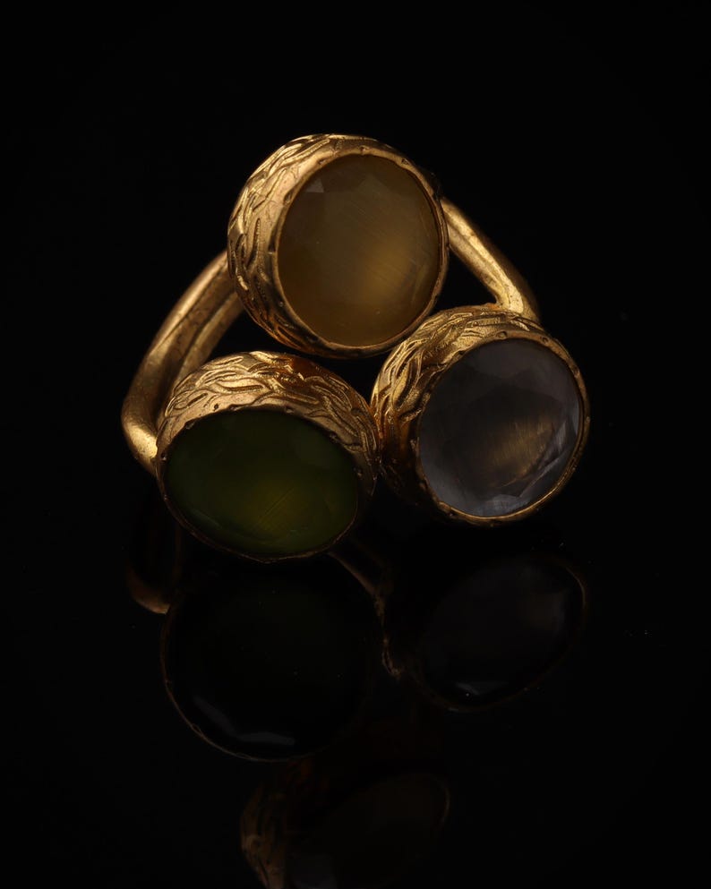 Statement Ring, Butterscotch and Olive Ring, Bold Ring, Cocktail Ring, 22K Gold-Plated Three Stone Ring, Chunky Ring image 1