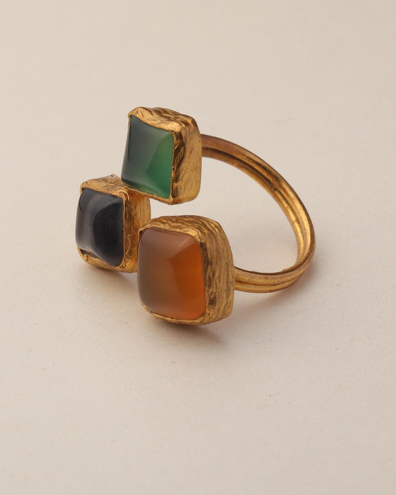 Orange and Green Boho Ring, 22K Gold-Plated Art Nouveau Band image 9